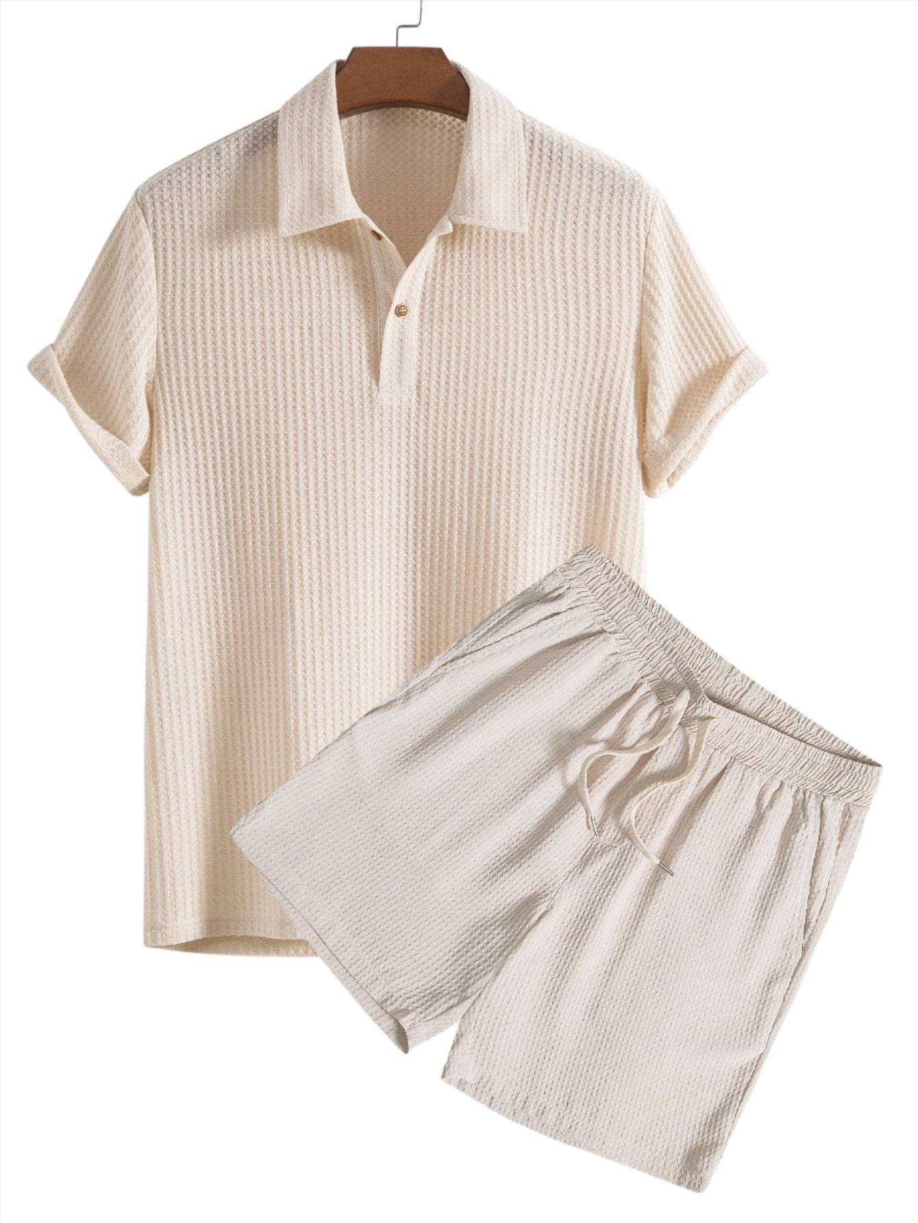 Neutral Ribbed Polo And Shorts Set-Vacay Outfit