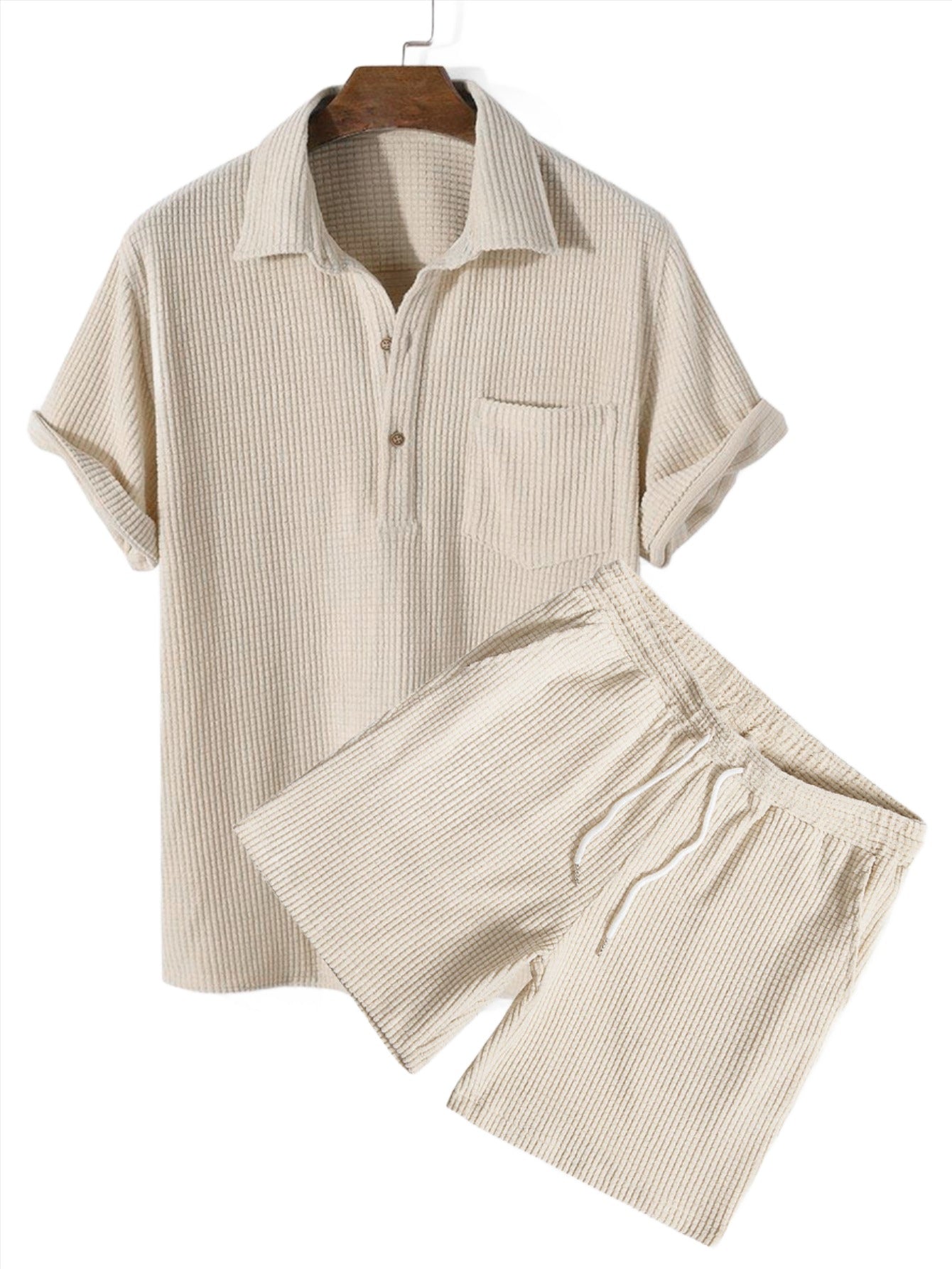 Textured Coordinated Shirt And Shorts Set-Vacay Outfit