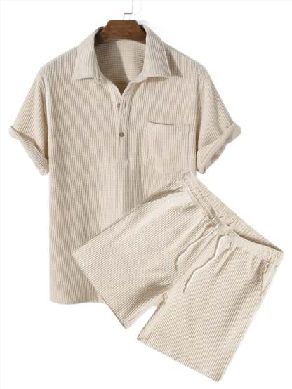 Textured Coordinated Shirt And Shorts Set-Vacay Outfit