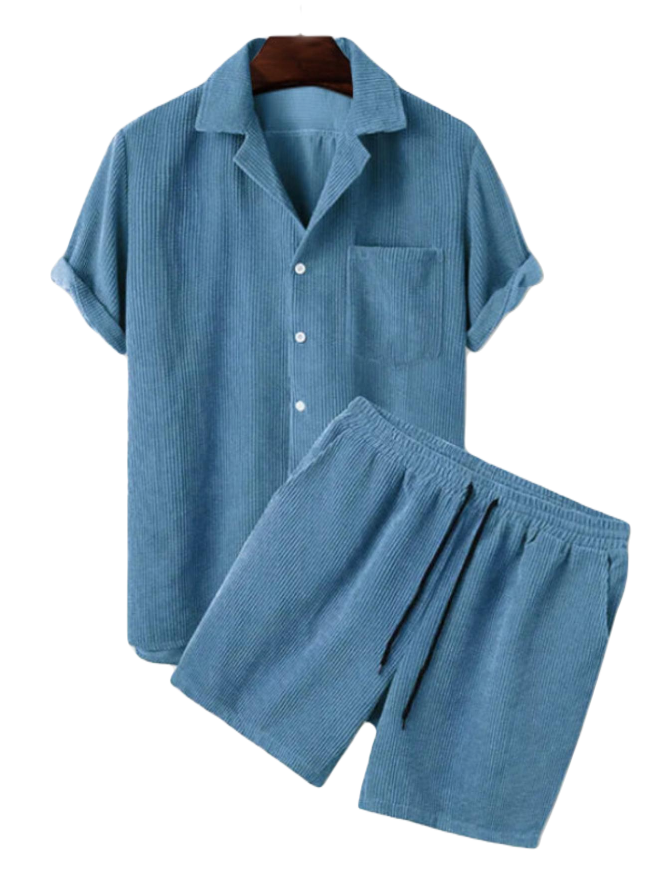 Corduroy Casual Lapel Shirt Shorts Set-Vacay Outfit