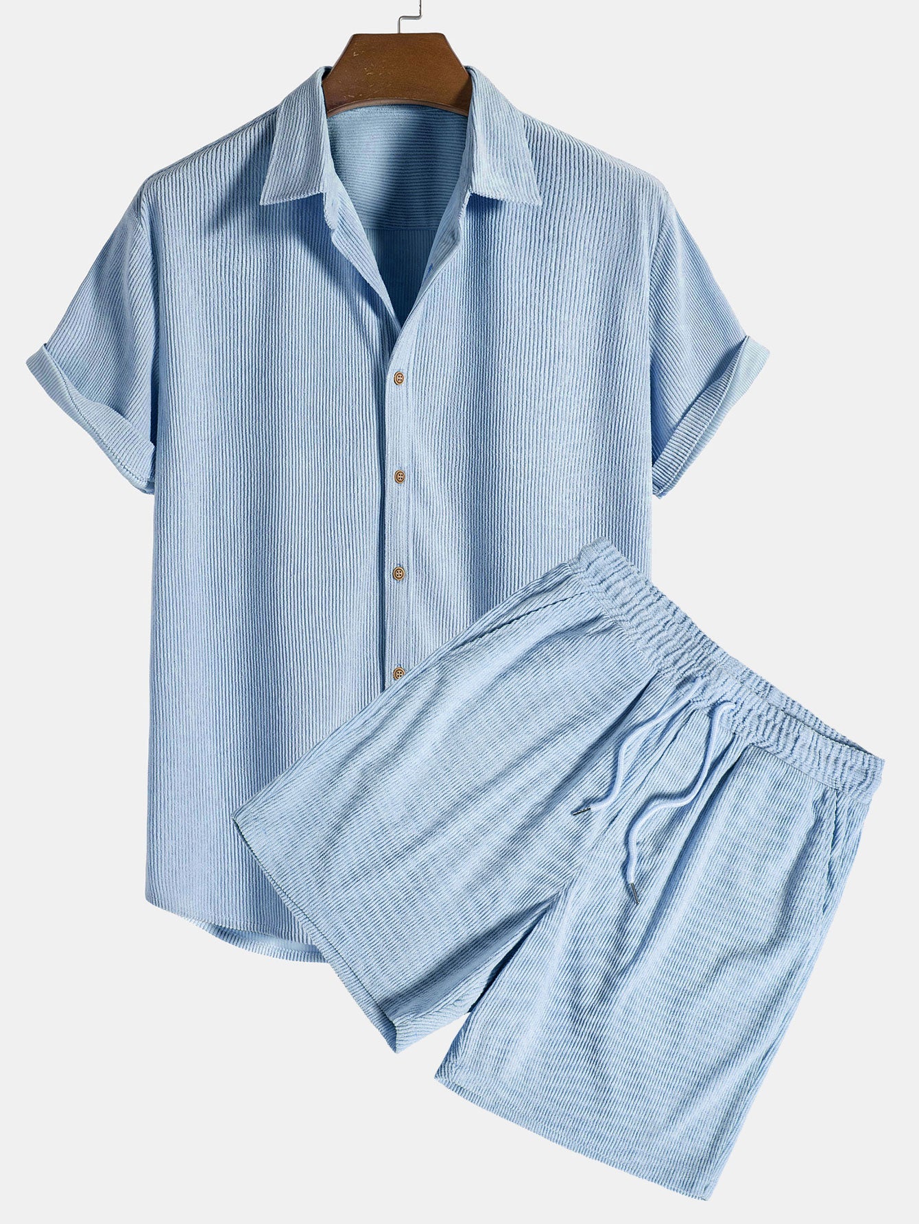 Corduroy Button Up Shirt And Shorts Set-Vacay Outfit