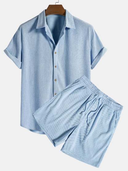 Corduroy Button Up Shirt And Shorts Set-Vacay Outfit