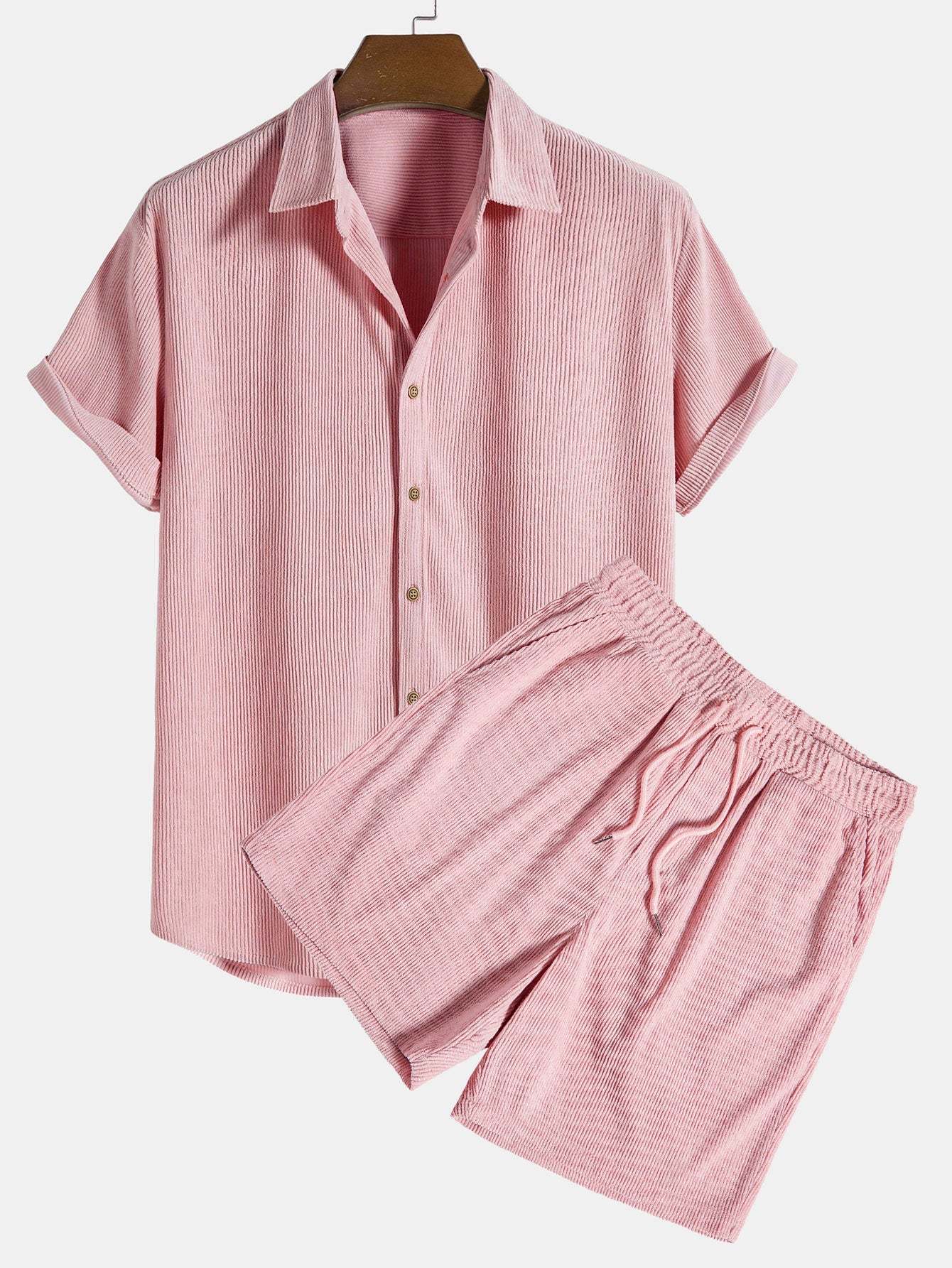 Corduroy Button Up Shirt And Shorts Set-Vacay Outfit