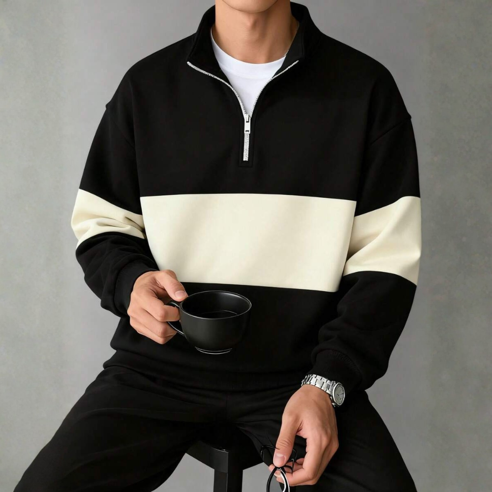 Collegiate Style Half Zip Long Sleeve Sweatshirt For Men