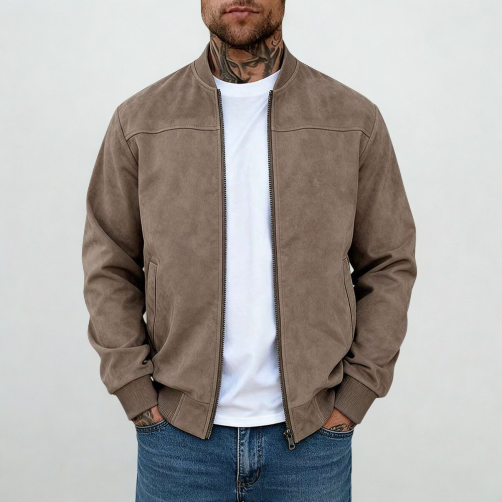 Suede Bomber Jacket With Full Zip Stand Collar For Men