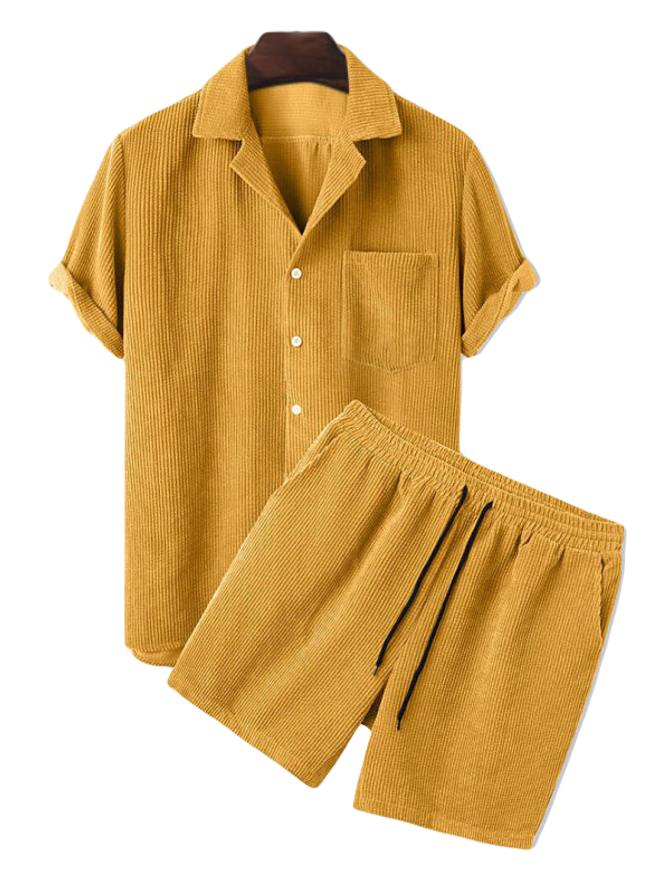 Corduroy Casual Lapel Shirt Shorts Set-Vacay Outfit