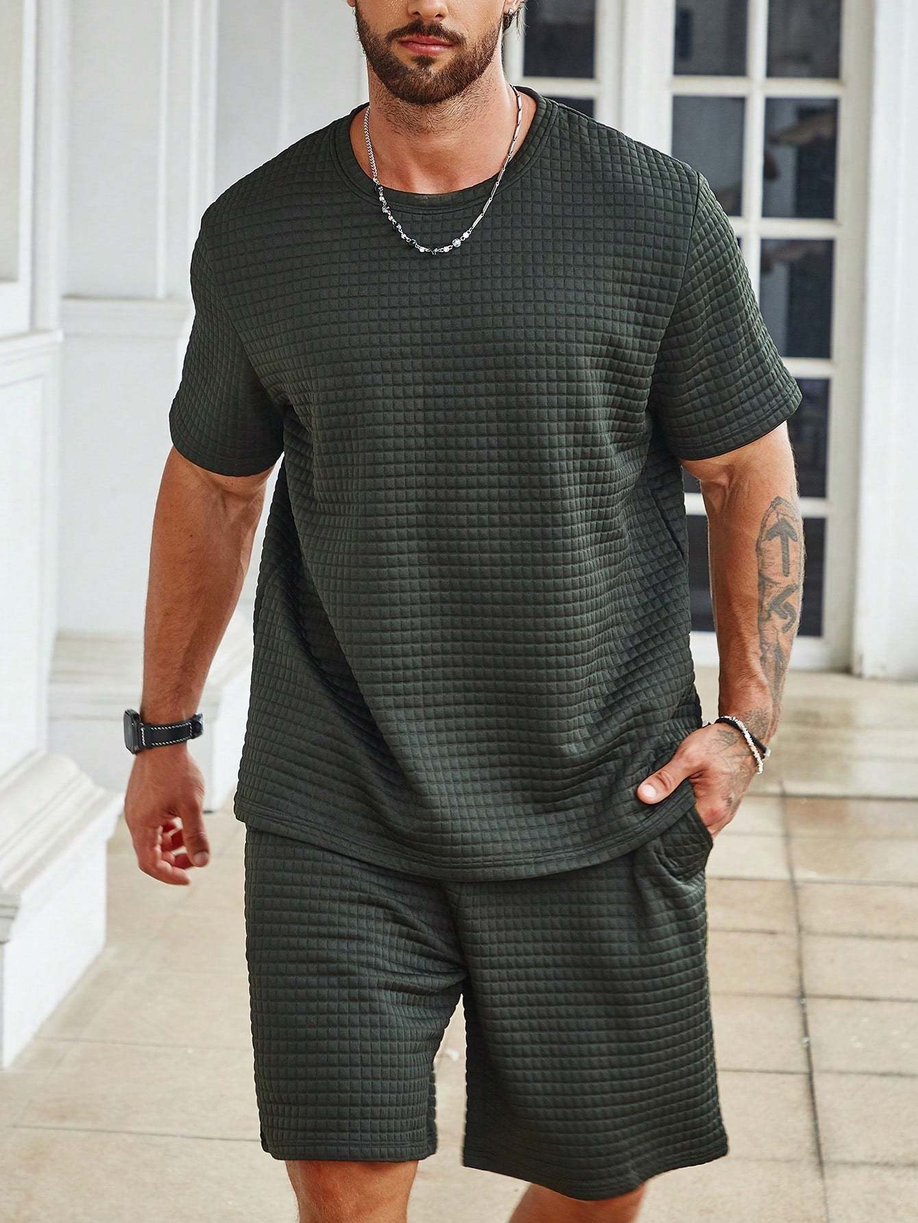 Solid Colored Tee And Drawstring Shorts-Vacay Outfit