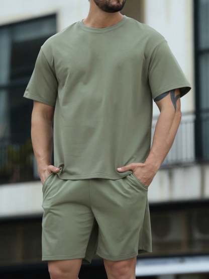 Plain Solid Colored T Shirt And Shorts Set-Vacay Outfit