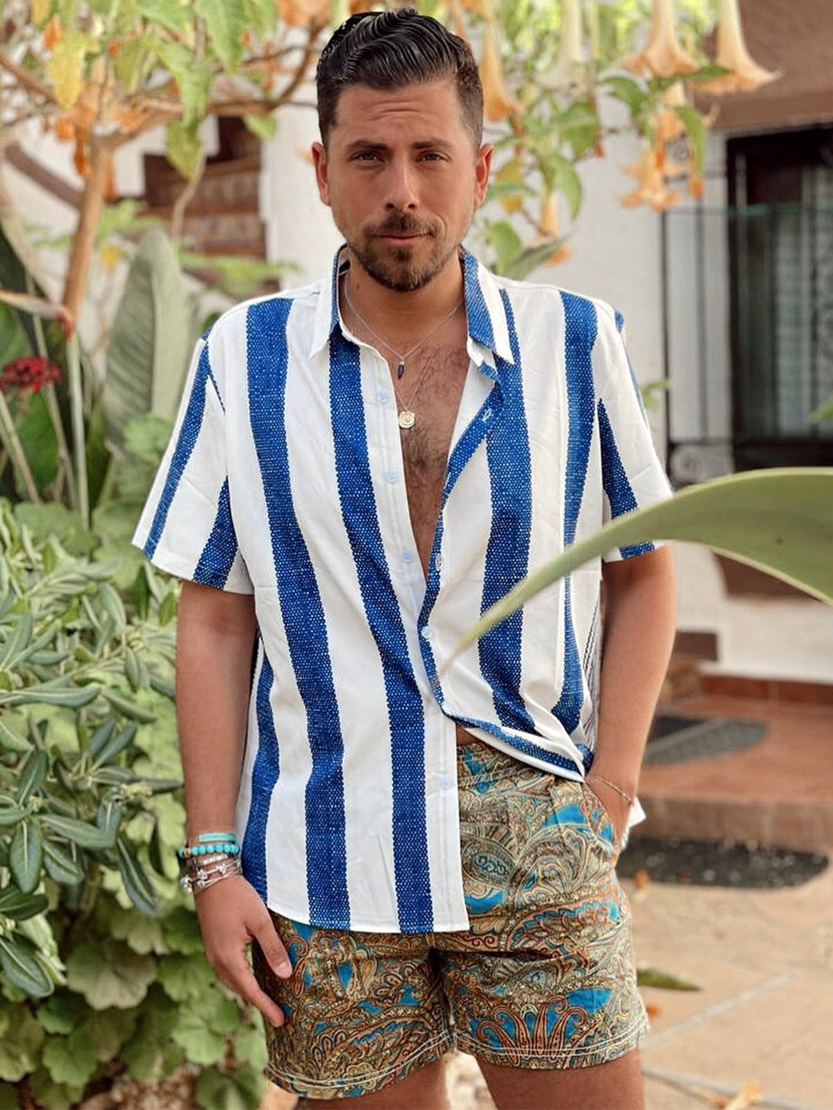 Men Striped And Floral Short Sleeve Shirts-Vacay Outfit