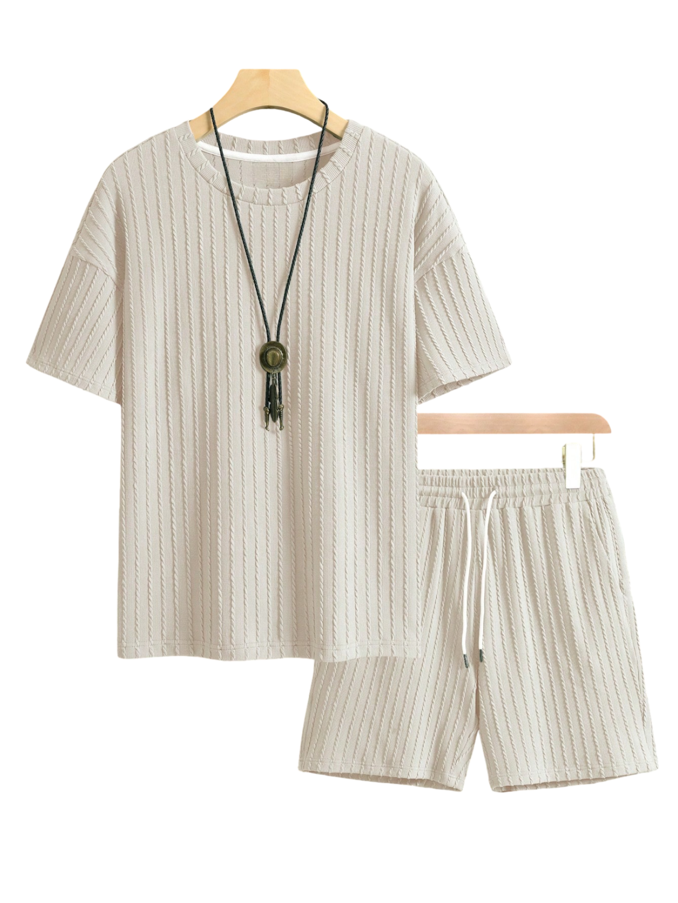 Solid Colored Stripe Tee And Shorts Set-Vacay Outfit