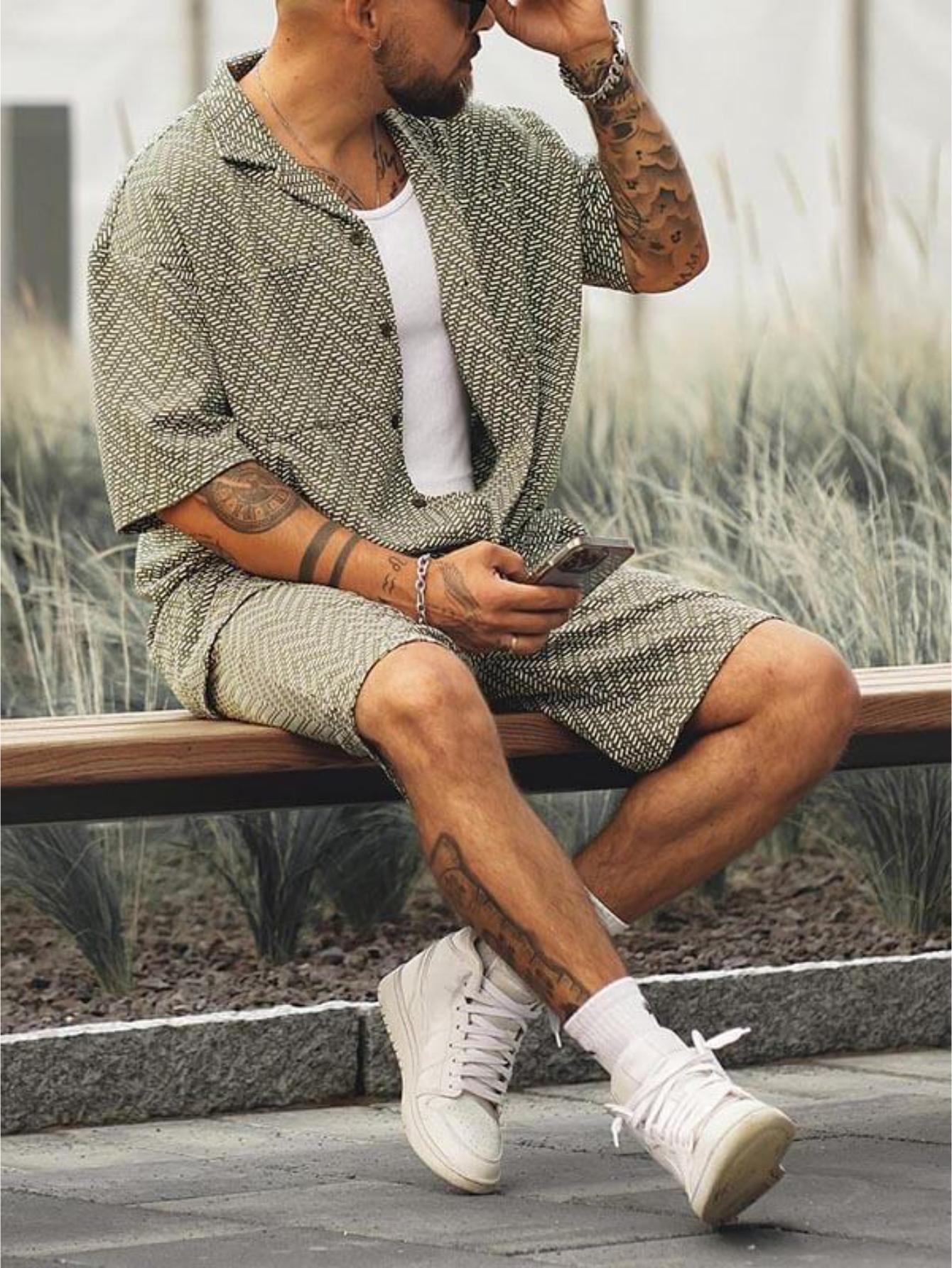 Geometric Patterned Shirt And Shorts Combo Set-Vacay Outfit