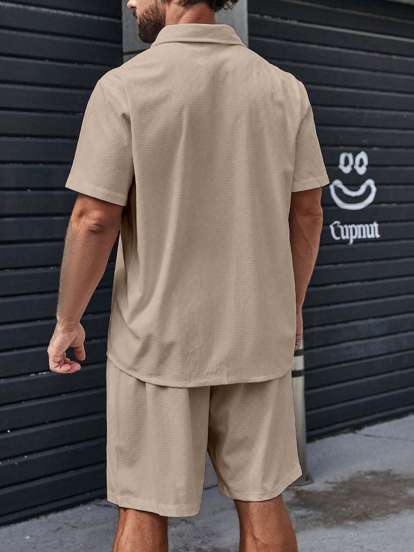 Solid Colored Button Up Shirt And Shorts-Vacay Outfit