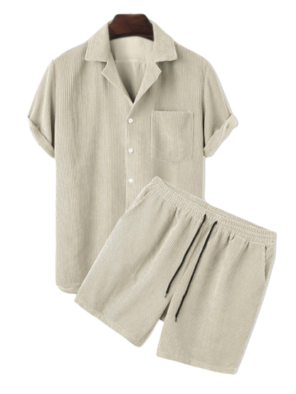 Corduroy Casual Lapel Shirt Shorts Set-Vacay Outfit