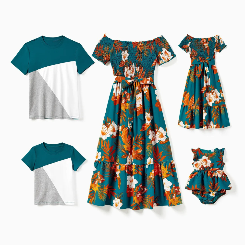 Floral Print And Geometric Design Family Outfits Set-Vacay Outfit