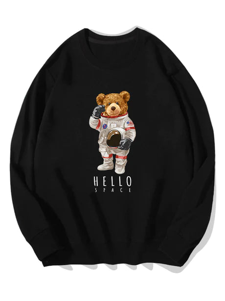 Astronaut Bear Print Cotton Sweatshirt-Vacay Outfit