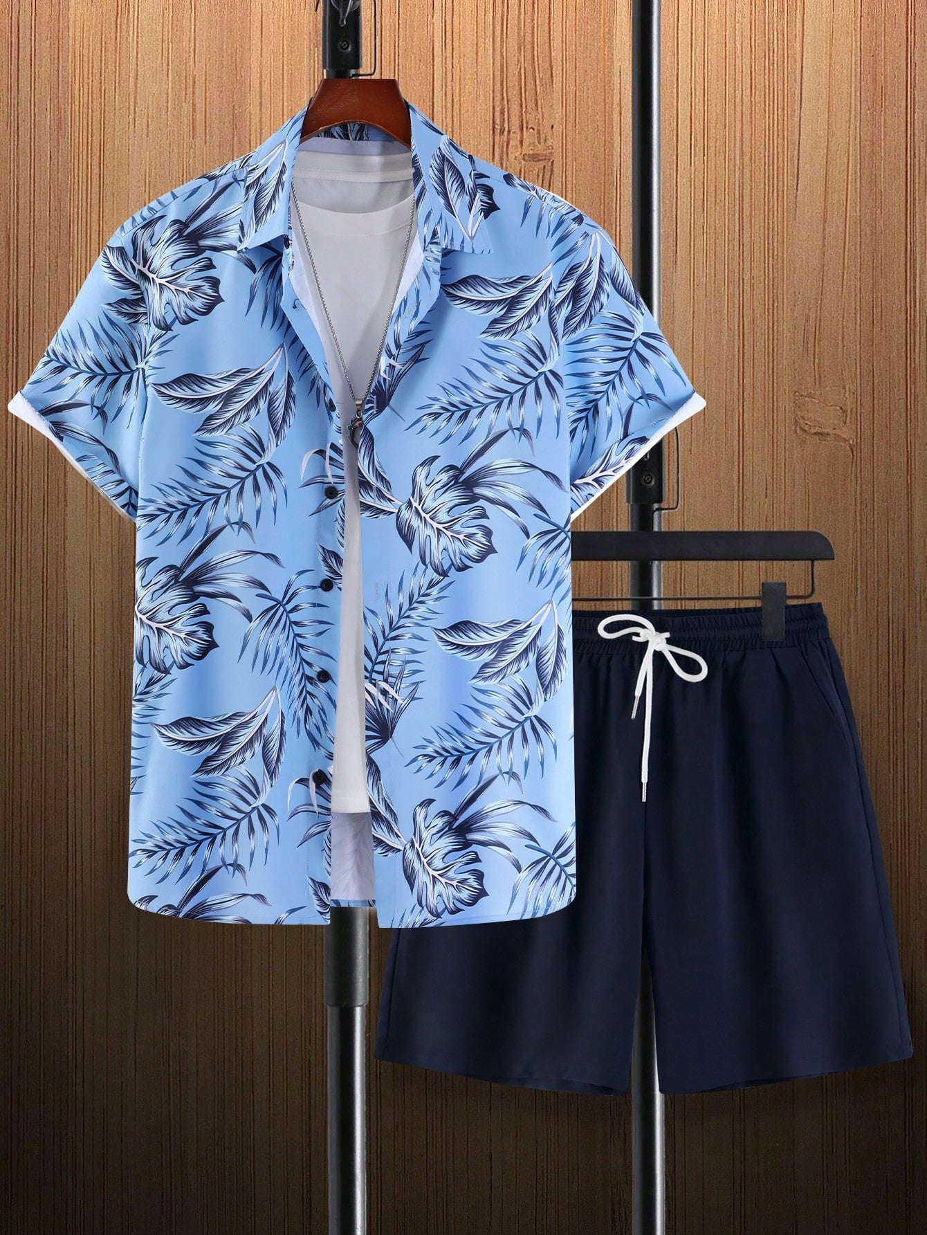 Tropical Print Shirt And Drawstring Shorts-Vacay Outfit
