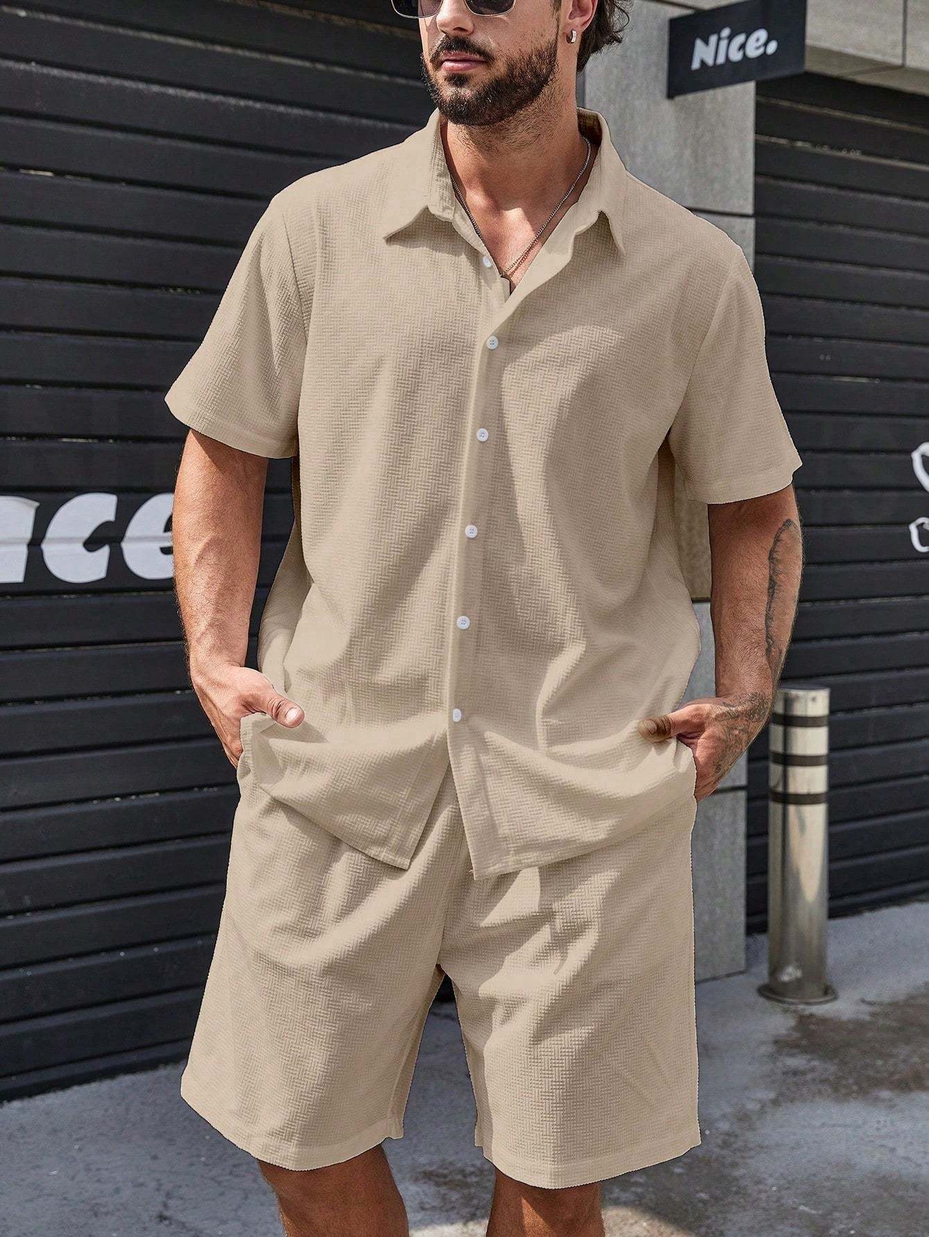 Solid Colored Button Up Shirt And Shorts-Vacay Outfit