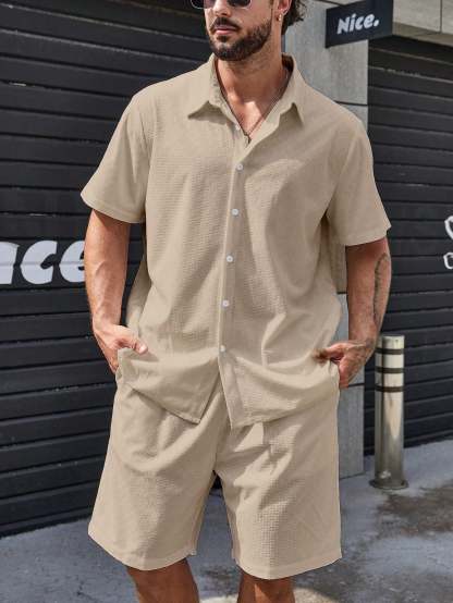 Solid Colored Button Up Shirt And Shorts-Vacay Outfit