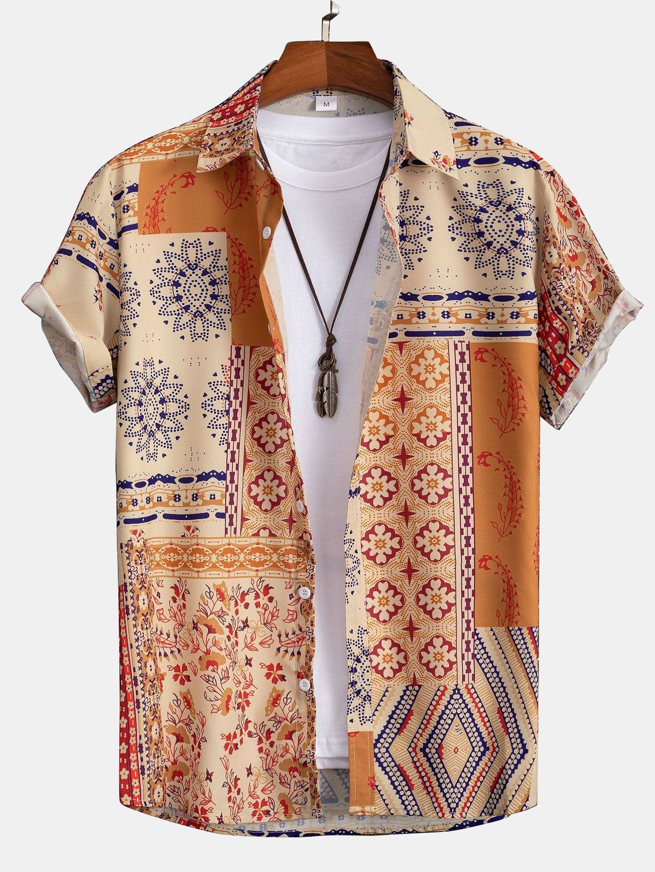 Patchwork Print Short Sleeved Shirt-Vacay Outfit