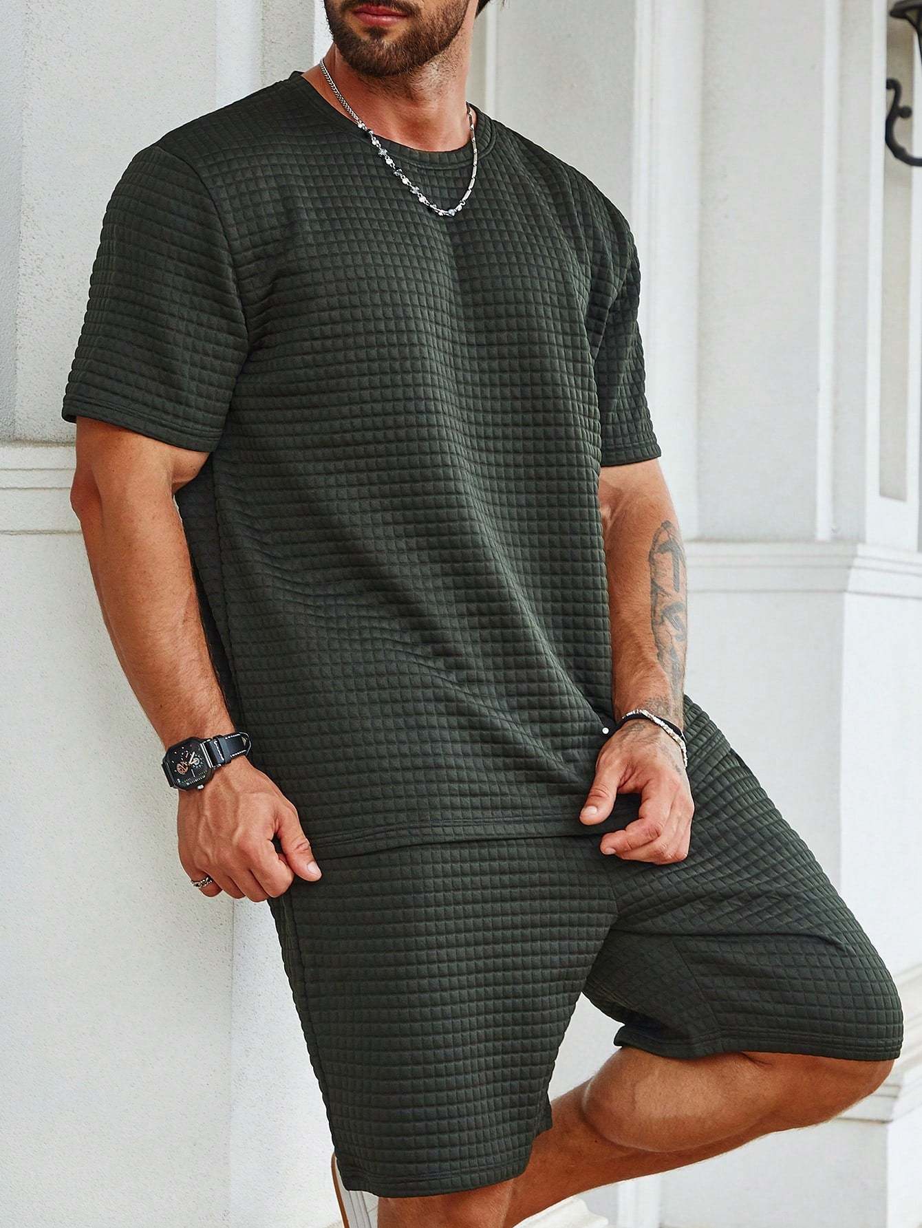 Solid Colored Tee And Drawstring Shorts-Vacay Outfit