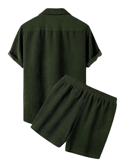 Corduroy Casual Lapel Shirt Shorts Set-Vacay Outfit