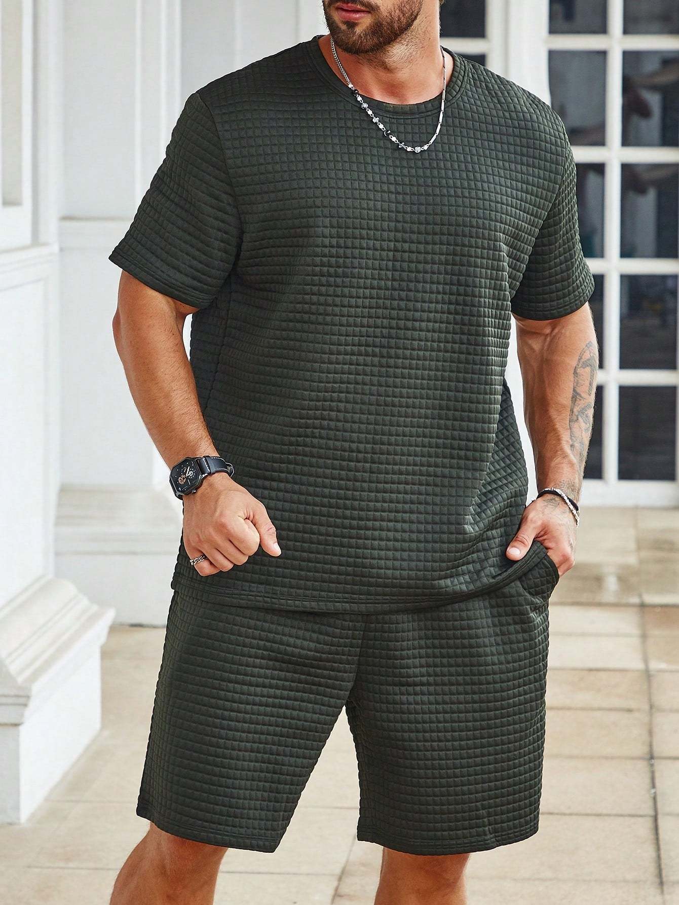 Solid Colored Tee And Drawstring Shorts-Vacay Outfit