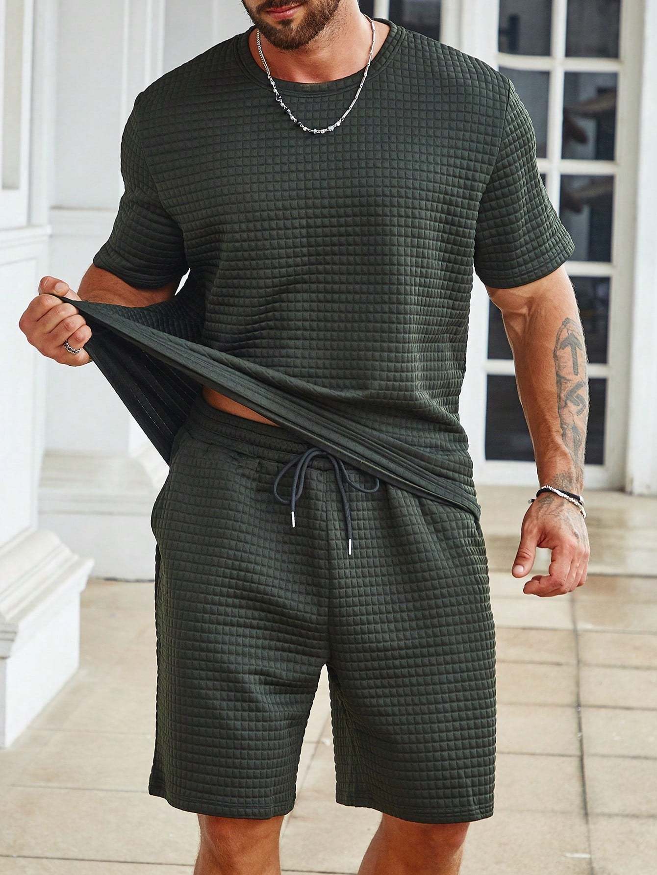 Solid Colored Tee And Drawstring Shorts-Vacay Outfit