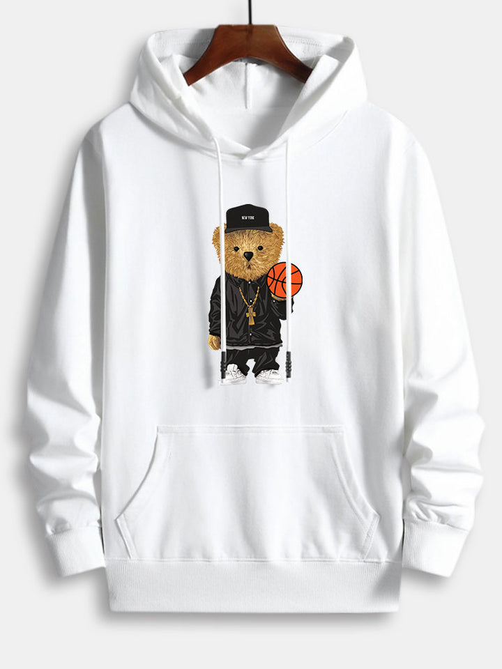 Basketball Bear Print Cotton Hoodie-Vacay Outfit