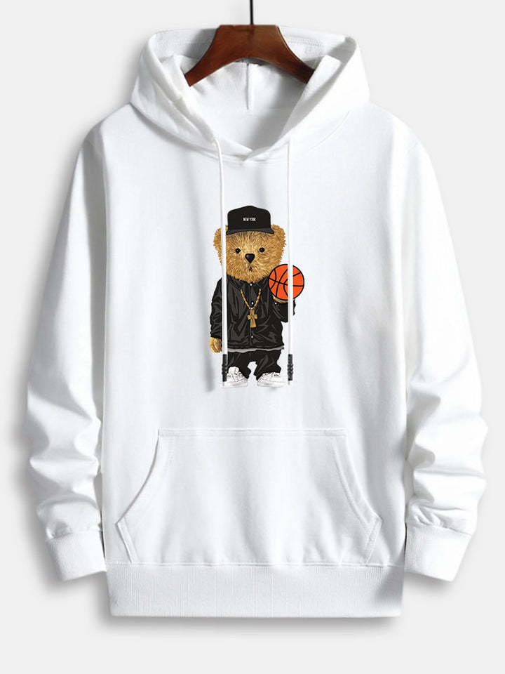 Basketball Bear Print Cotton Hoodie-Vacay Outfit