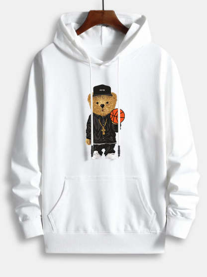 Basketball Bear Print Cotton Hoodie-Vacay Outfit