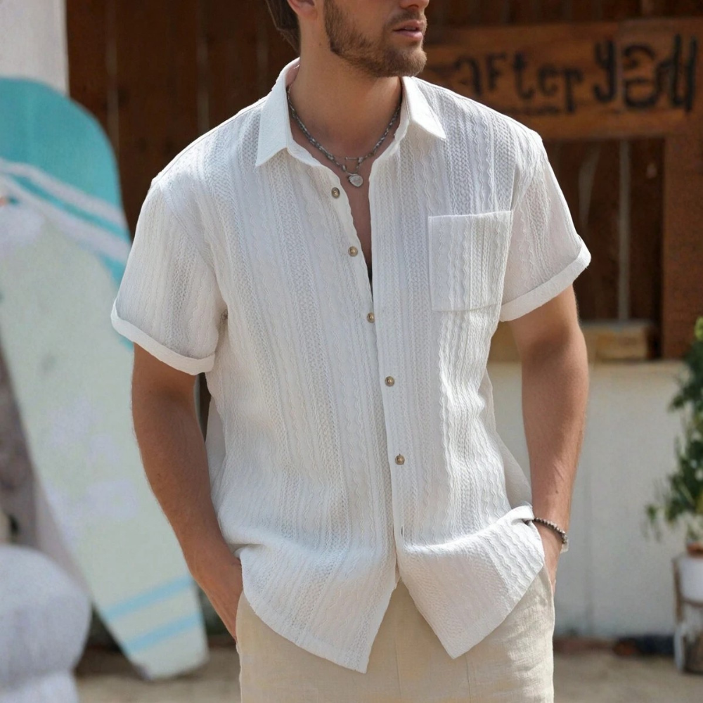 Textured Revere Collar Short Sleeve Casual Vacation Shirt For Men