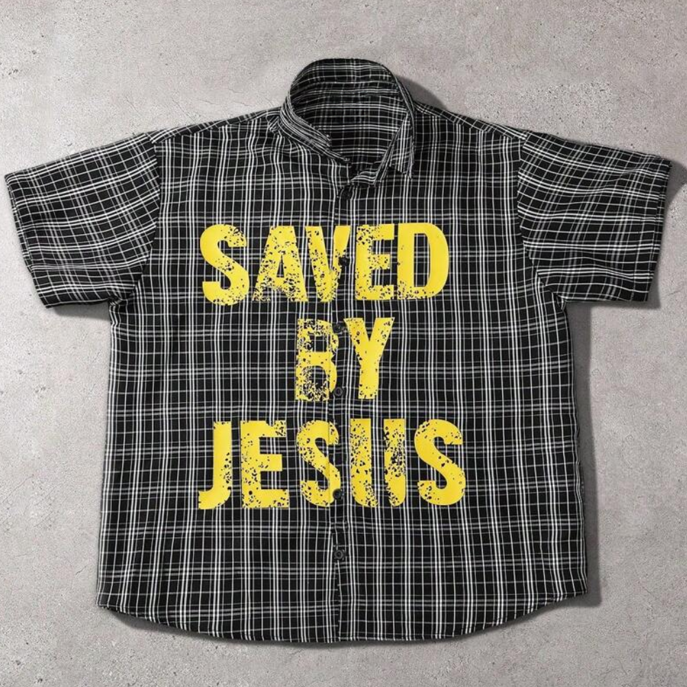 Oversized Graphic Plaid Print Short Sleeve Button Up Shirt For Men