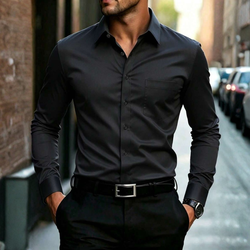 Plain Simple Long Sleeve Formal Dress Shirt Daily Wear For Men