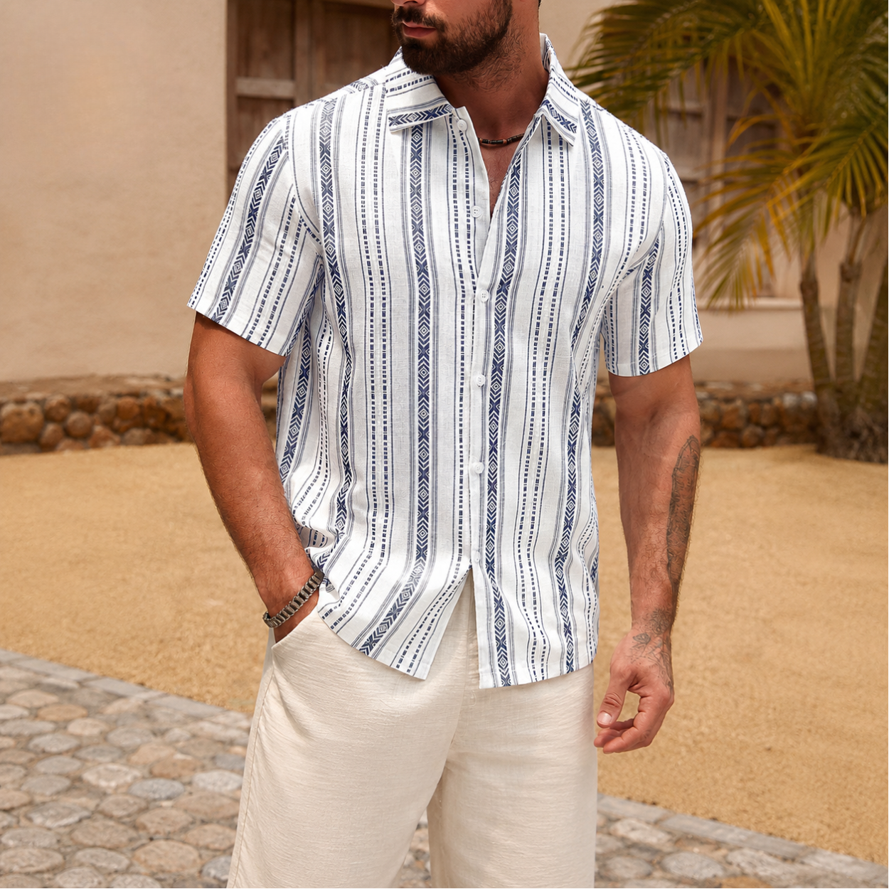 Striped Pattern Short Sleeve Button Up Shirt For Men