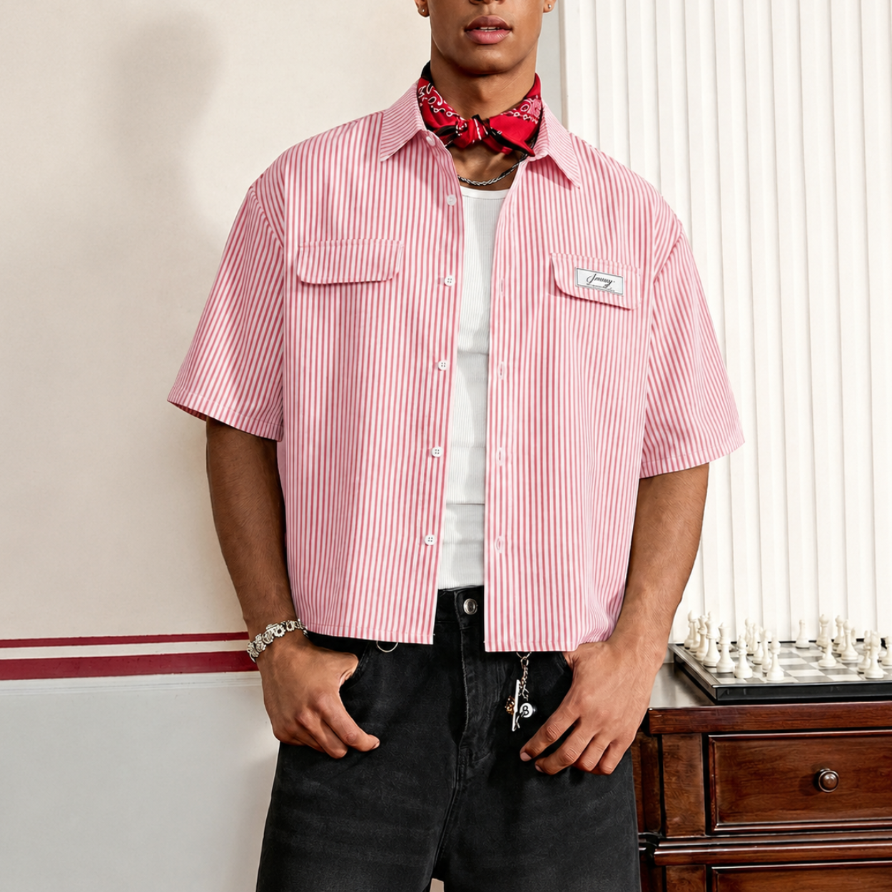Loose Fit Plaid Pattern Short Sleeve Shirt For Men