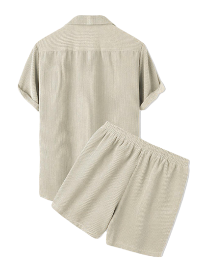 Corduroy Casual Lapel Shirt Shorts Set-Vacay Outfit