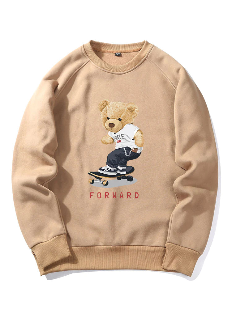 Bear On Skateboard Print Sweatshirt-Vacay Outfit