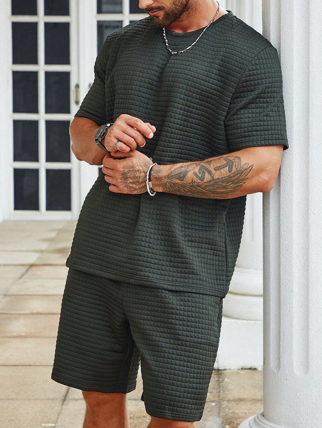 Solid Colored Tee And Drawstring Shorts-Vacay Outfit