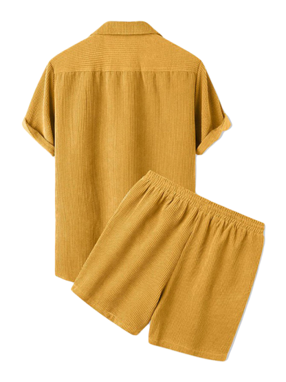 Corduroy Casual Lapel Shirt Shorts Set-Vacay Outfit