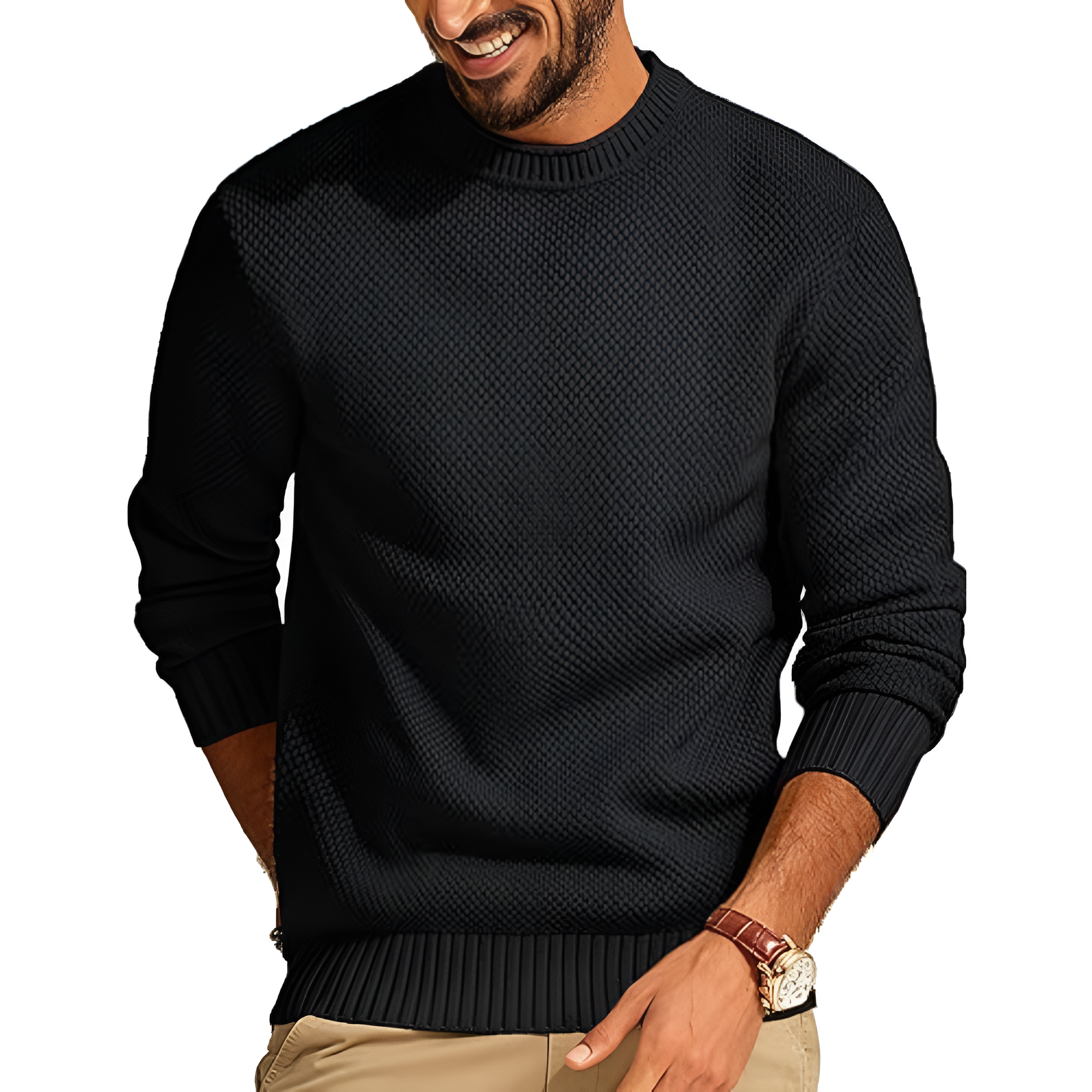 Mens Sweater Waffle Knit Crewneck Sweater Textured Long Sleeve Pullover