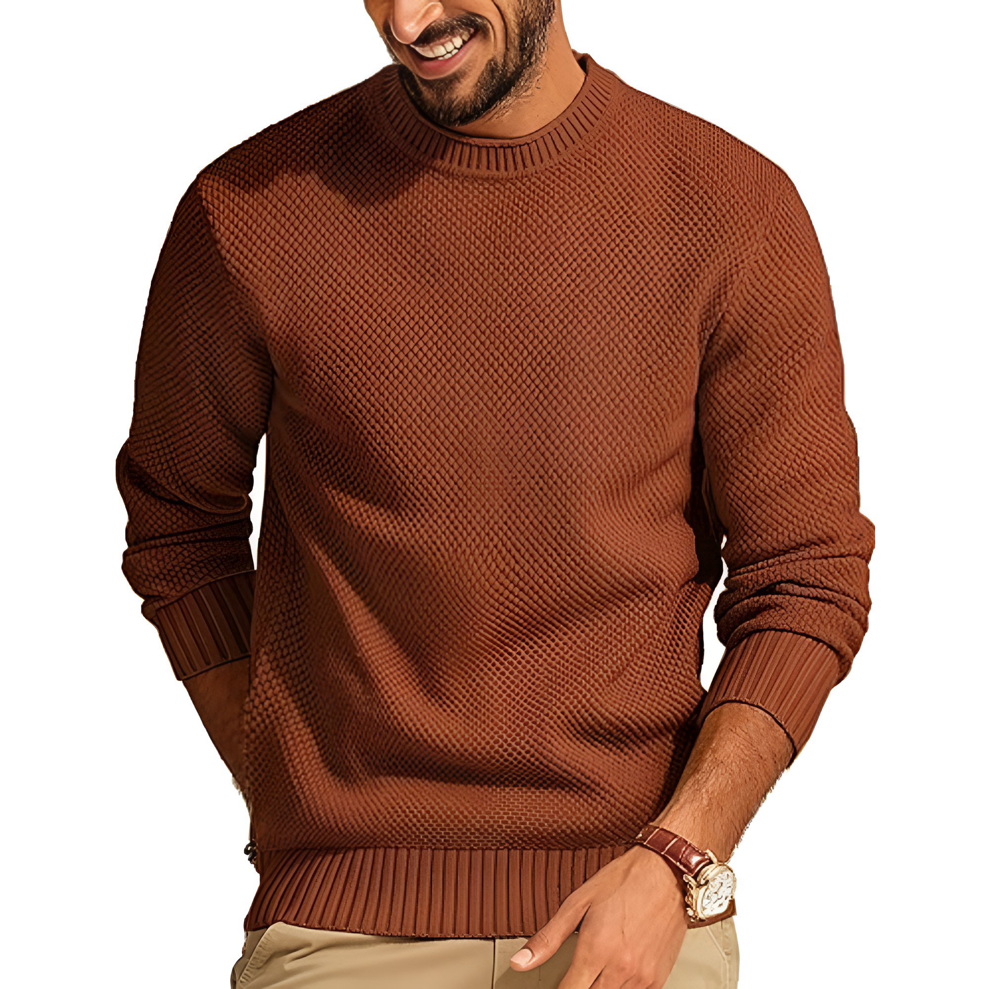 Mens Sweater Waffle Knit Crewneck Sweater Textured Long Sleeve Pullover