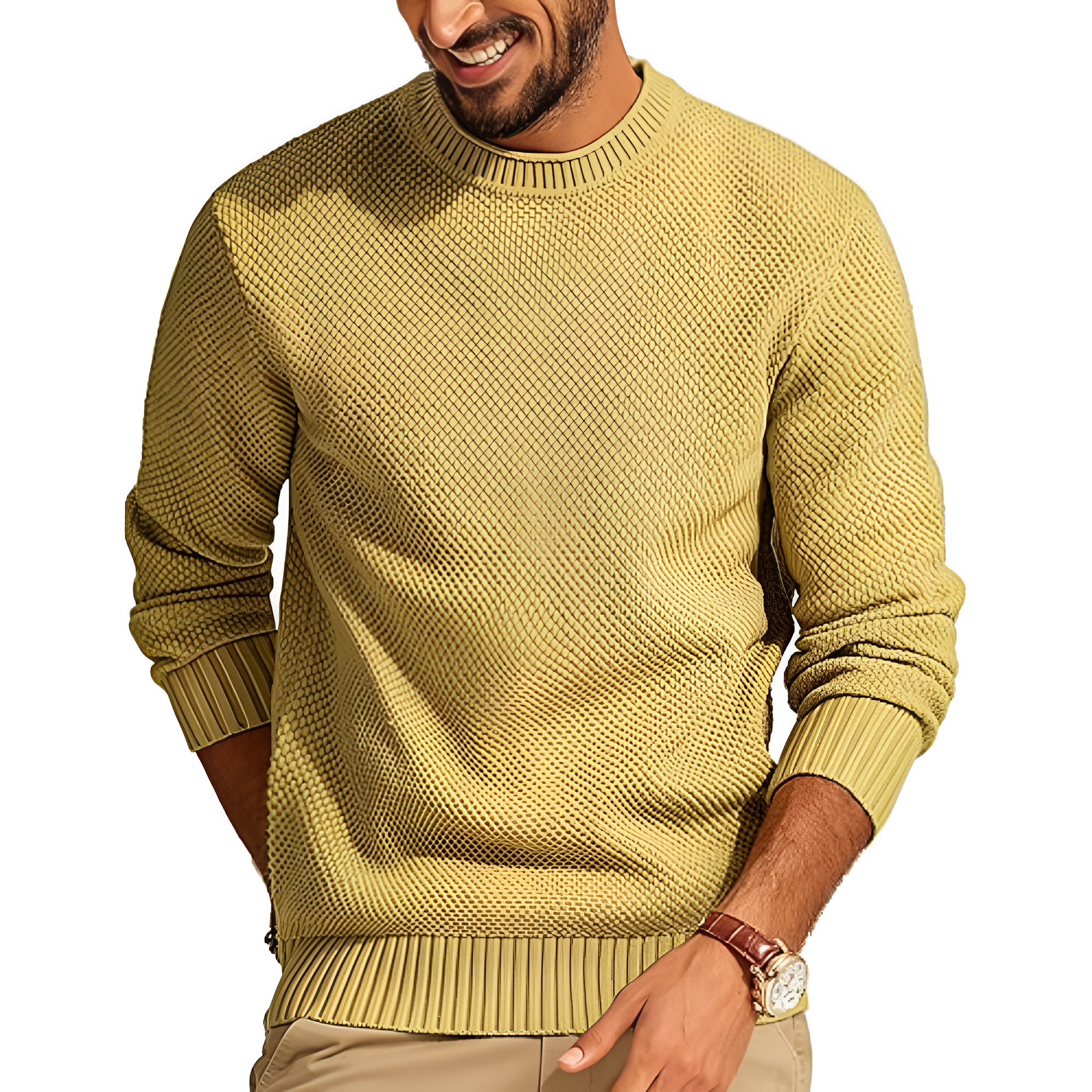 Mens Sweater Waffle Knit Crewneck Sweater Textured Long Sleeve Pullover
