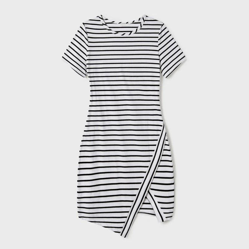 Family Matching Stripe Asymmetrical Dresses and Panel T shirts Sets-Vacay Outfit