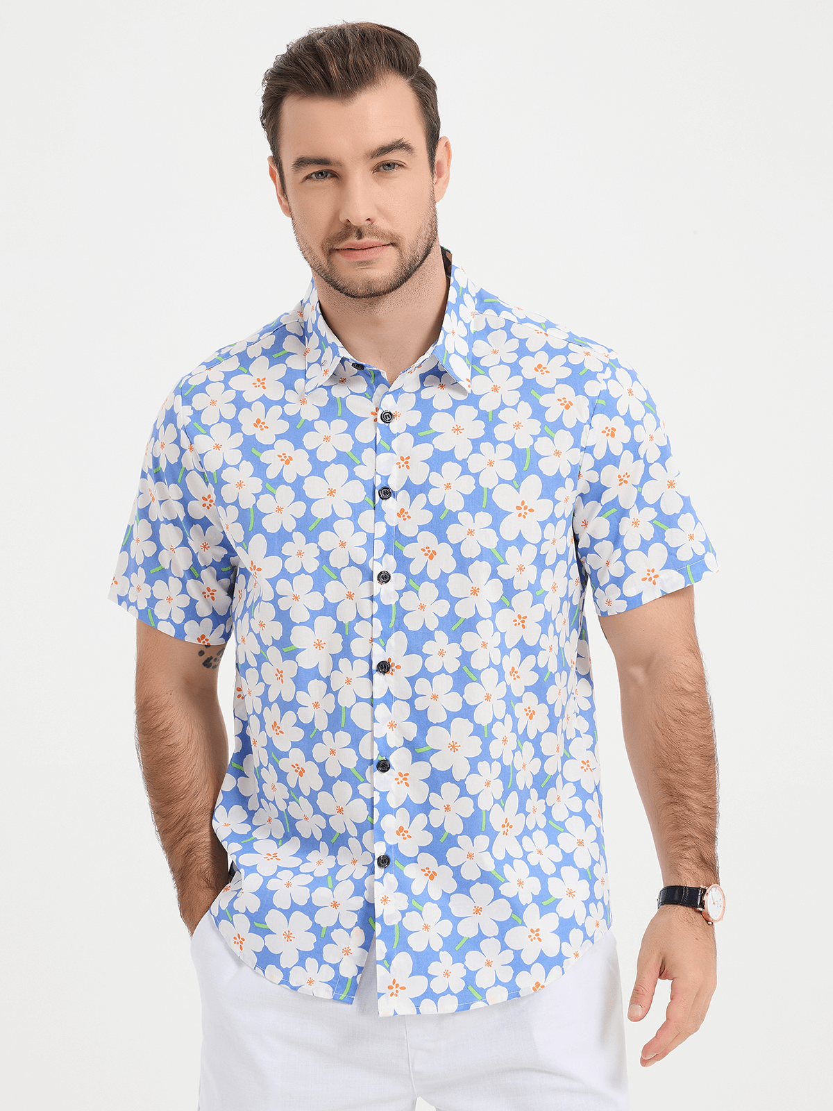 Men Summer Floral Print Short Sleeve Shirts-Vacay Outfit