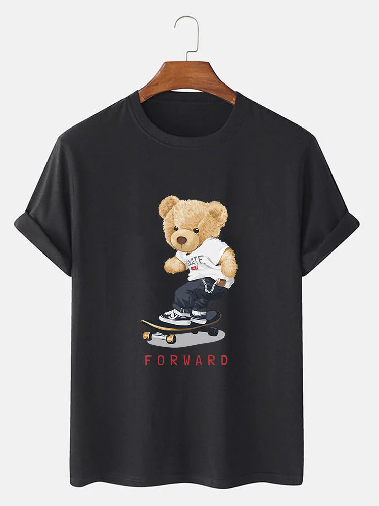 Bear On Skateboard Print T-Shirt-Vacay Outfit