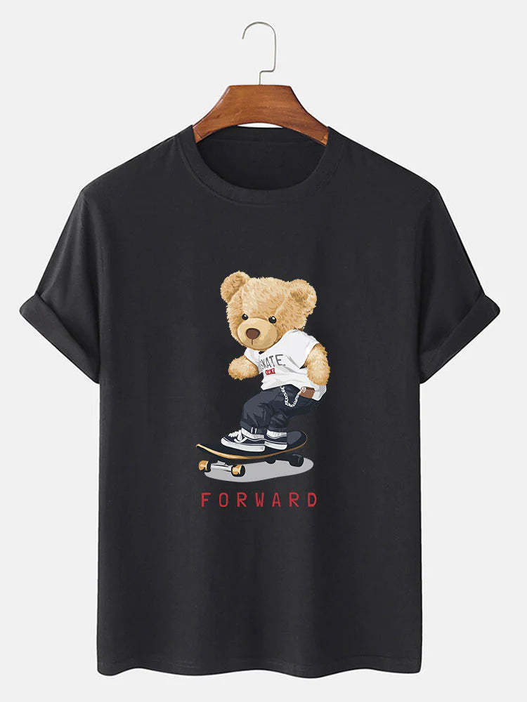 Bear On Skateboard Print T-Shirt-Vacay Outfit