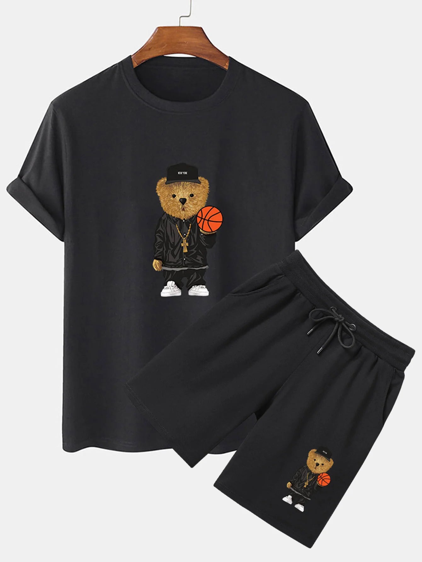 Basketball Bear Print T-Shirt And Shorts-Vacay Outfit