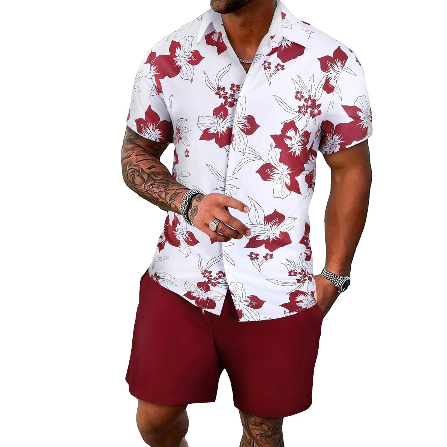 2 Pieces Button Down Shirt and Short Vacation Outfits Set