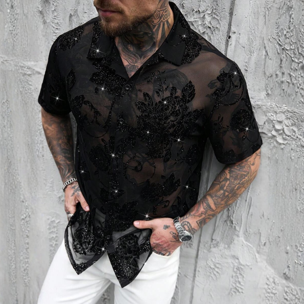 Glitter Rhinestone Mesh Cuban Collar Short Sleeve Party Shirt For Men