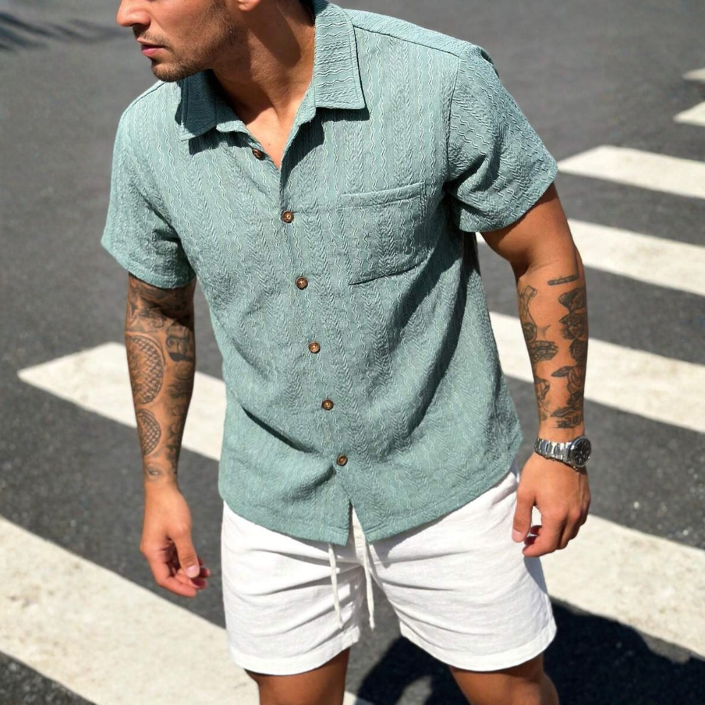 Textured Revere Collar Short Sleeve Casual Vacation Shirt For Men
